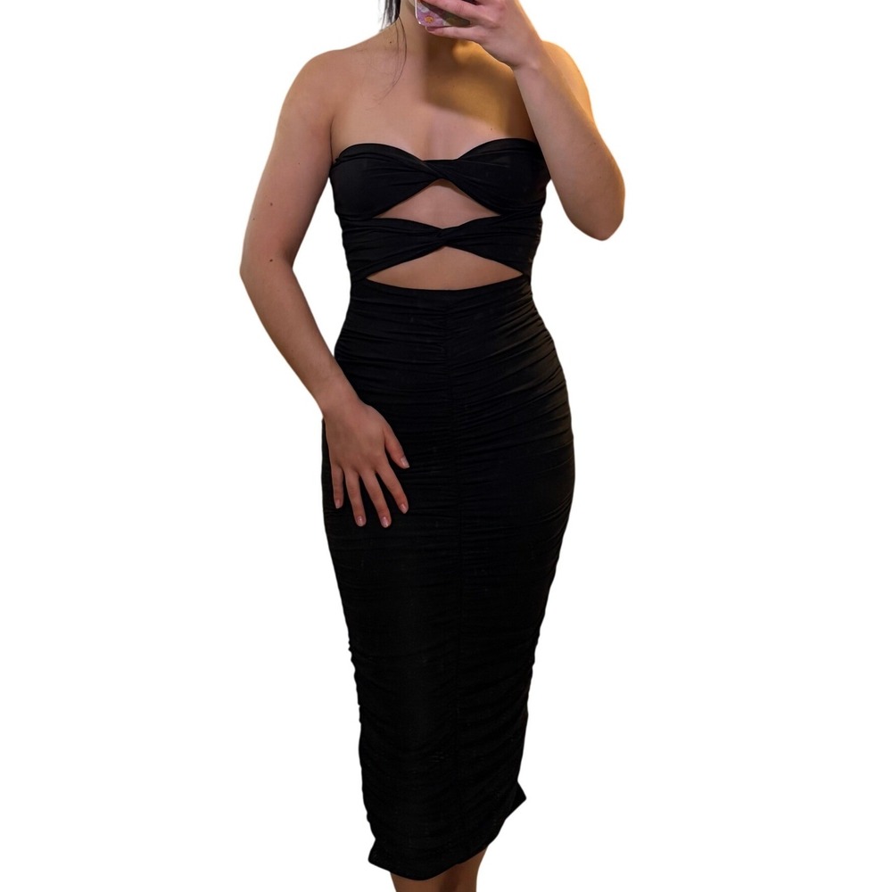 Shein Bodycon Dress Women S Black Cut-Out Ruched Strapless Midi Sultry LBD
